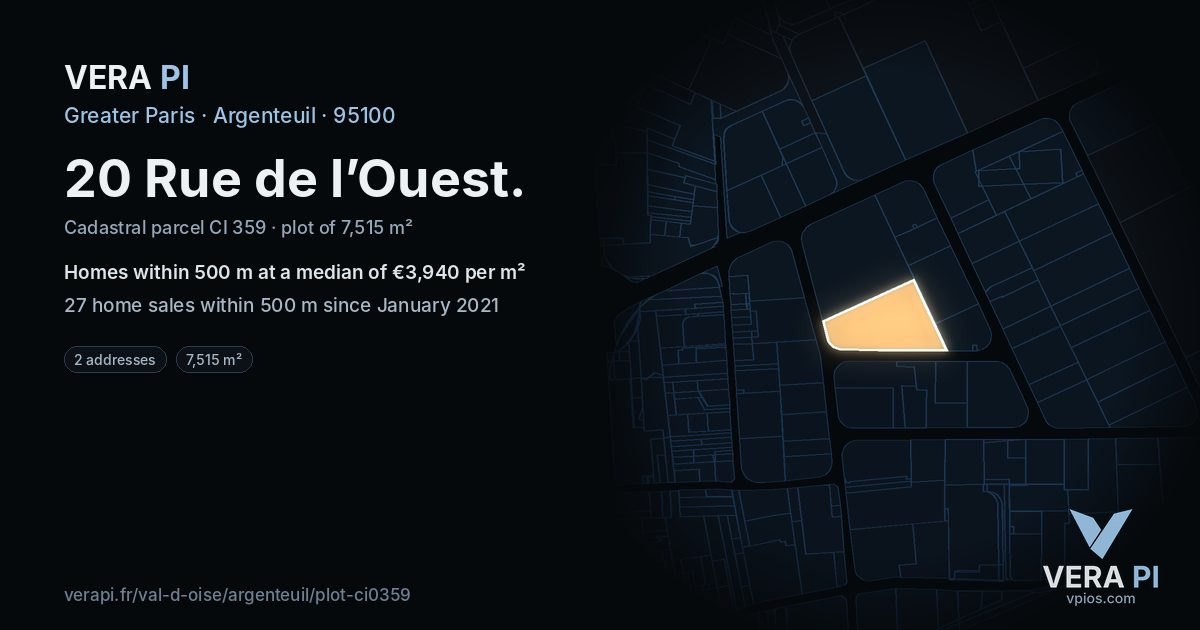 20 Rue de l’Ouest, Argenteuil at night – the plot lit, the parcels around coloured by the prices near them