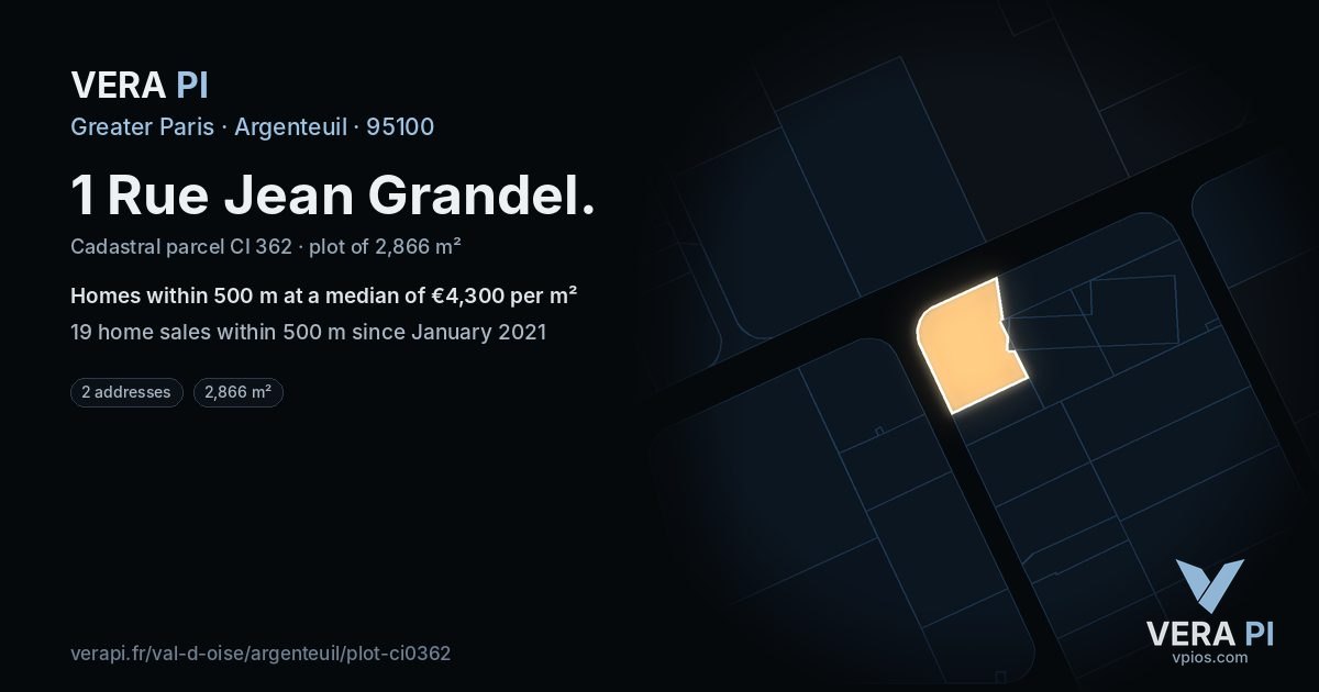 1 Rue Jean Grandel, Argenteuil at night – the plot lit, the parcels around coloured by the prices near them