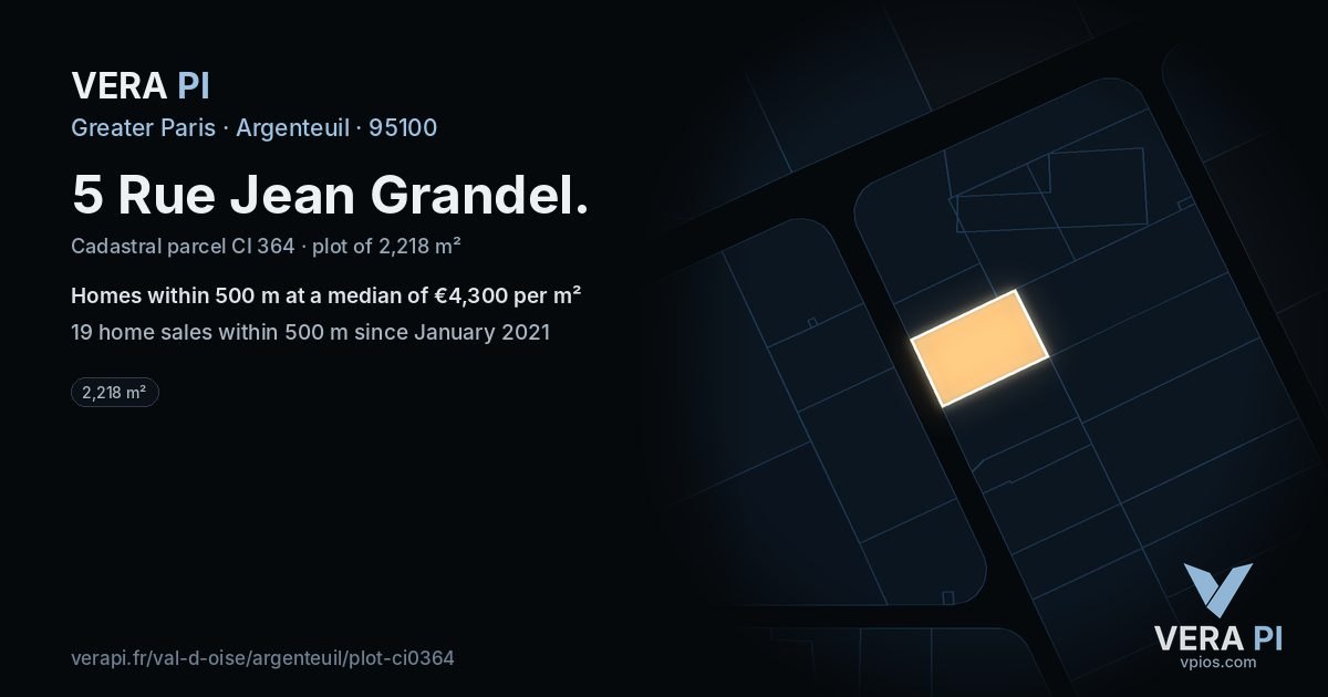 5 Rue Jean Grandel, Argenteuil at night – the plot lit, the parcels around coloured by the prices near them
