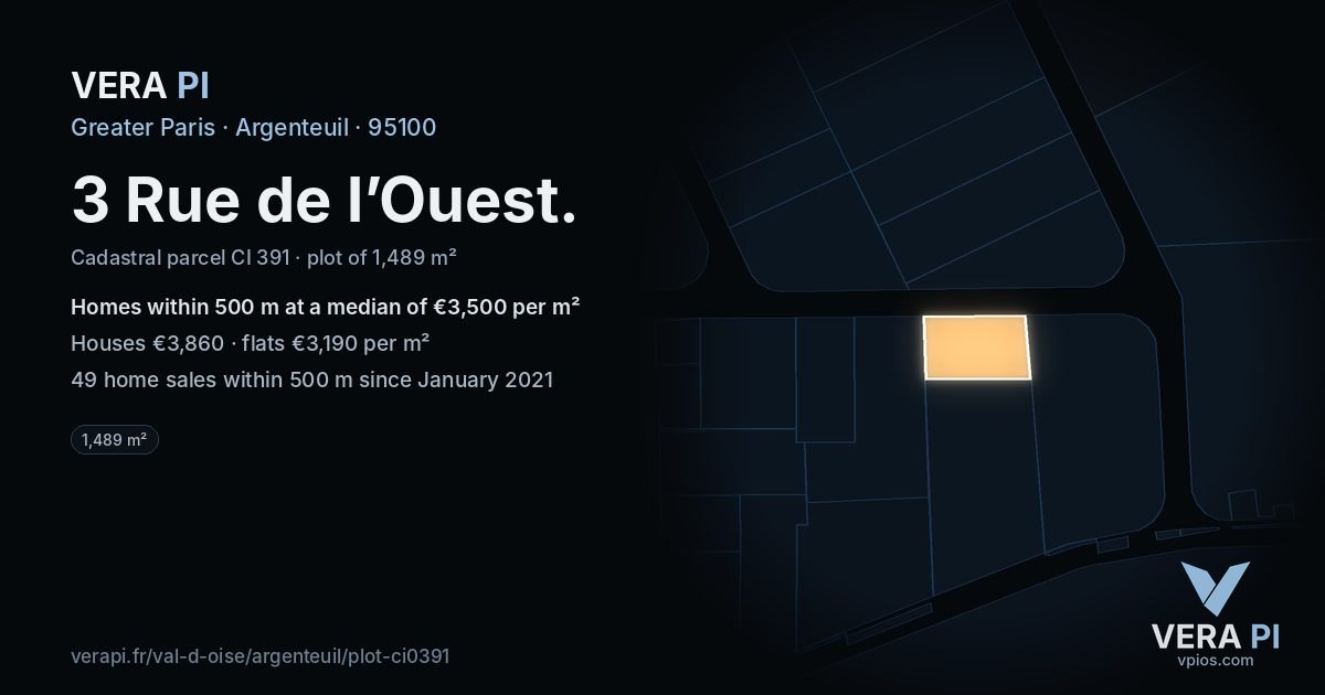 3 Rue de l’Ouest, Argenteuil at night – the plot lit, the parcels around coloured by the prices near them