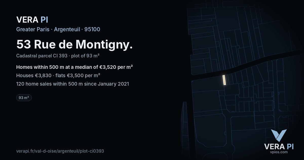 53 Rue de Montigny, Argenteuil at night – the plot lit, the parcels around coloured by the prices near them