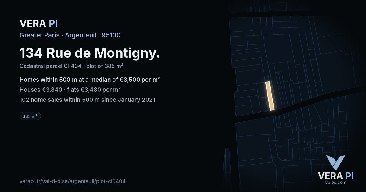 134 Rue de Montigny, Argenteuil at night – the plot lit, the parcels around coloured by the prices near them