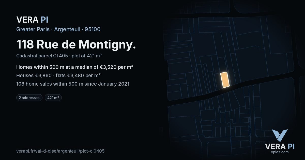 118 Rue de Montigny, Argenteuil at night – the plot lit, the parcels around coloured by the prices near them