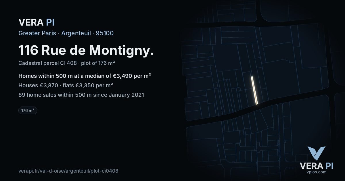 116 Rue de Montigny, Argenteuil at night – the plot lit, the parcels around coloured by the prices near them