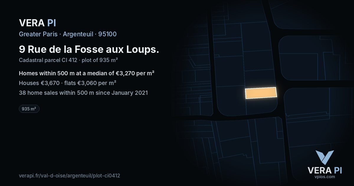 9 Rue de la Fosse aux Loups, Argenteuil at night – the plot lit, the parcels around coloured by the prices near them