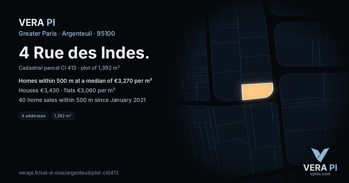 4 Rue des Indes, Argenteuil at night – the plot lit, the parcels around coloured by the prices near them