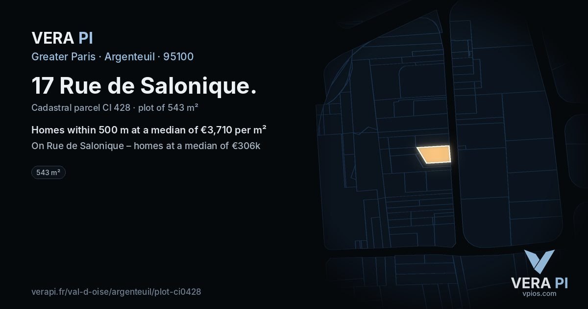 17 Rue de Salonique, Argenteuil at night – the plot lit, the parcels around coloured by the prices near them