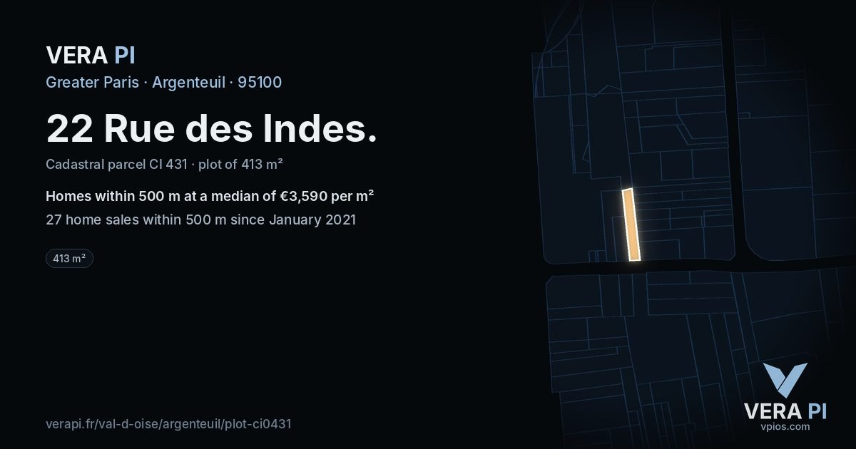 22 Rue des Indes, Argenteuil at night – the plot lit, the parcels around coloured by the prices near them