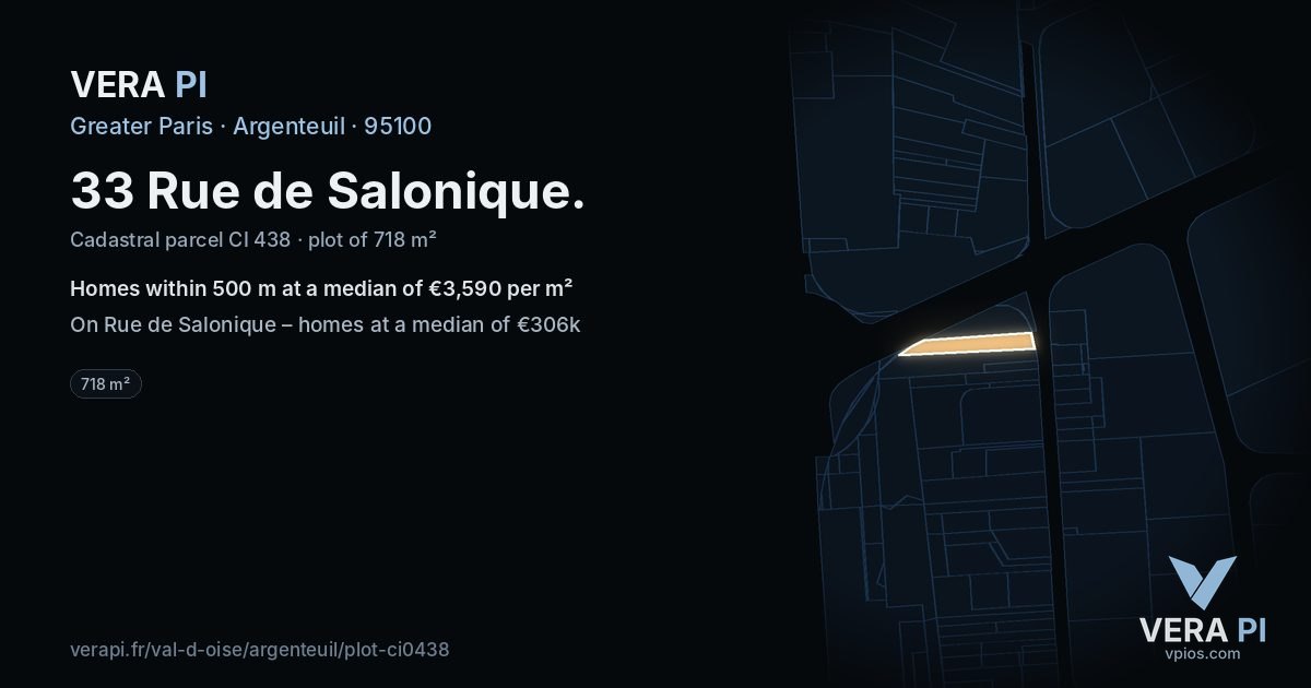 33 Rue de Salonique, Argenteuil at night – the plot lit, the parcels around coloured by the prices near them
