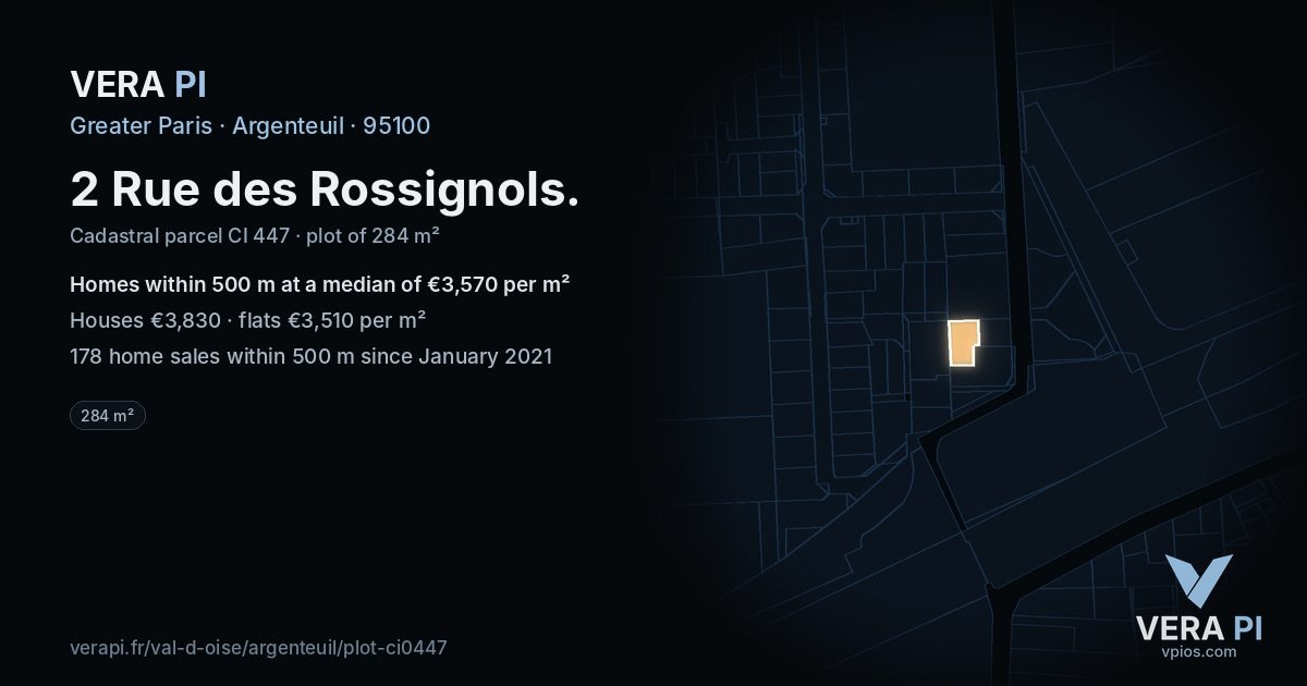 2 Rue des Rossignols, Argenteuil at night – the plot lit, the parcels around coloured by the prices near them