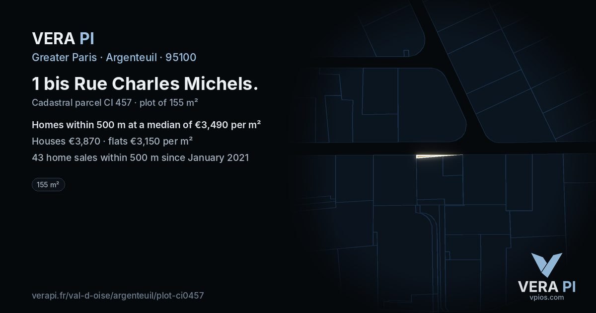 1 bis Rue Charles Michels, Argenteuil at night – the plot lit, the parcels around coloured by the prices near them