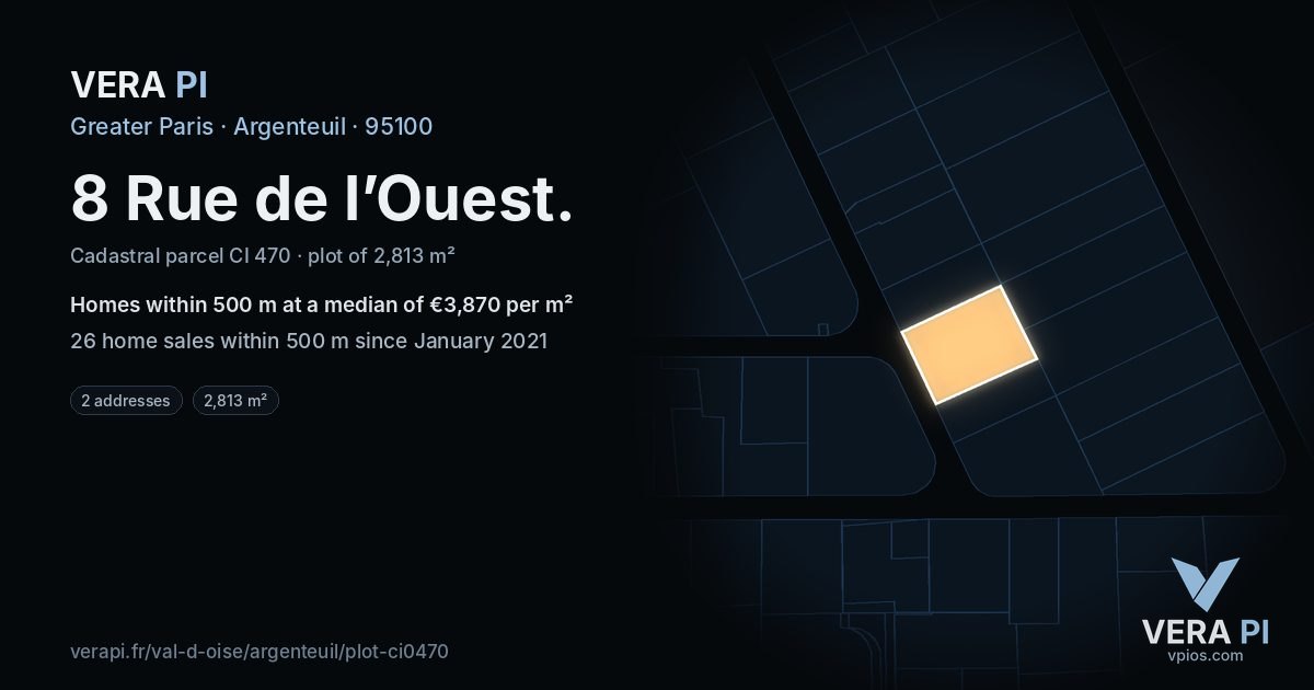 8 Rue de l’Ouest, Argenteuil at night – the plot lit, the parcels around coloured by the prices near them