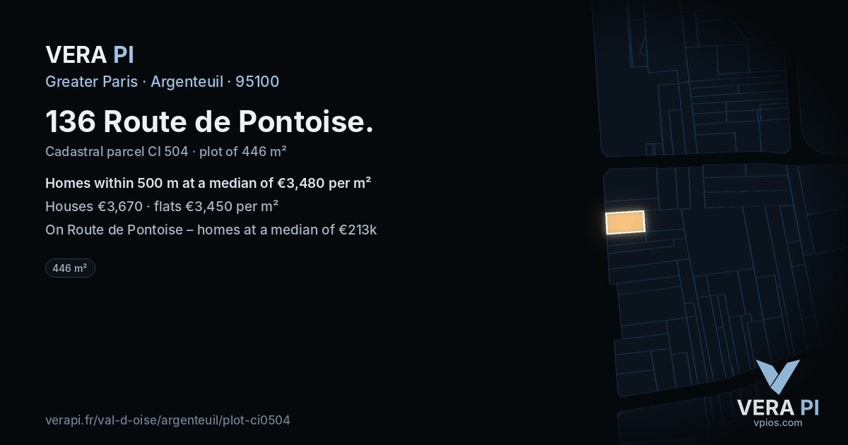 136 Route de Pontoise, Argenteuil at night – the plot lit, the parcels around coloured by the prices near them