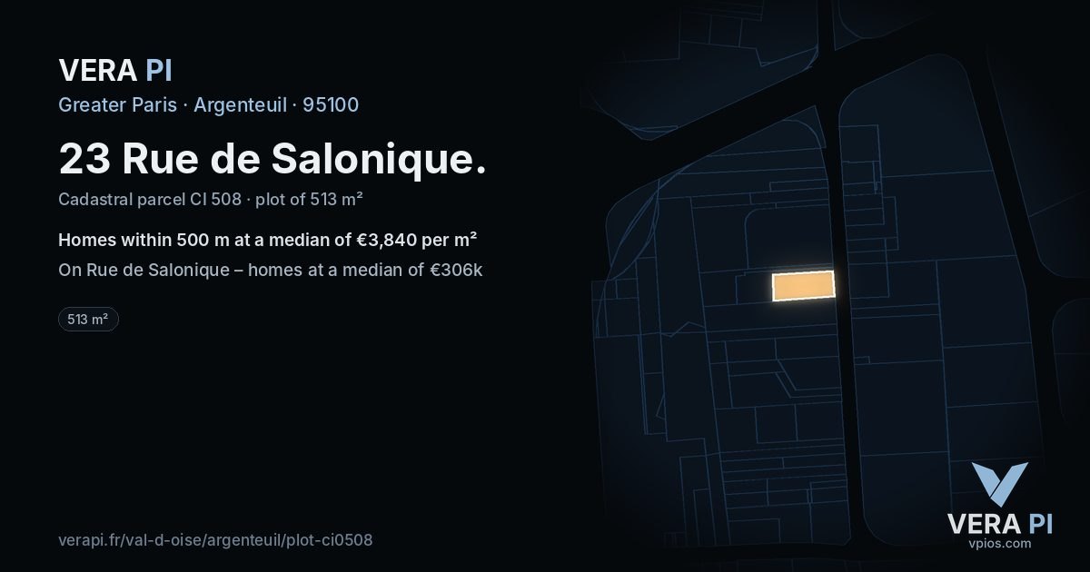 23 Rue de Salonique, Argenteuil at night – the plot lit, the parcels around coloured by the prices near them