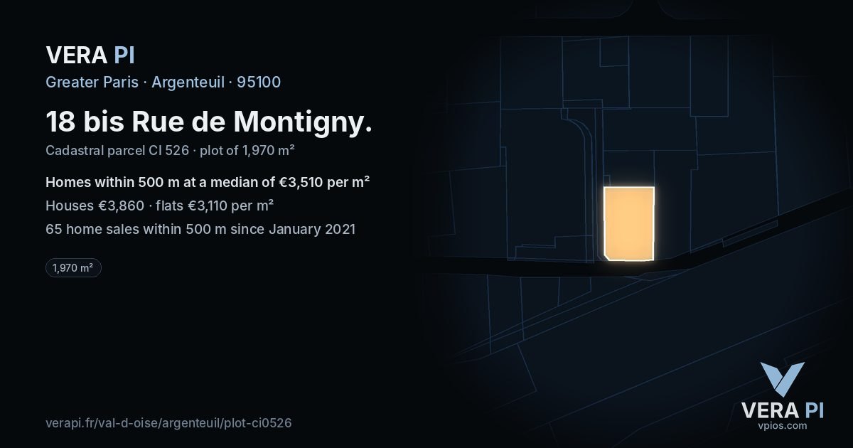 18 bis Rue de Montigny, Argenteuil at night – the plot lit, the parcels around coloured by the prices near them