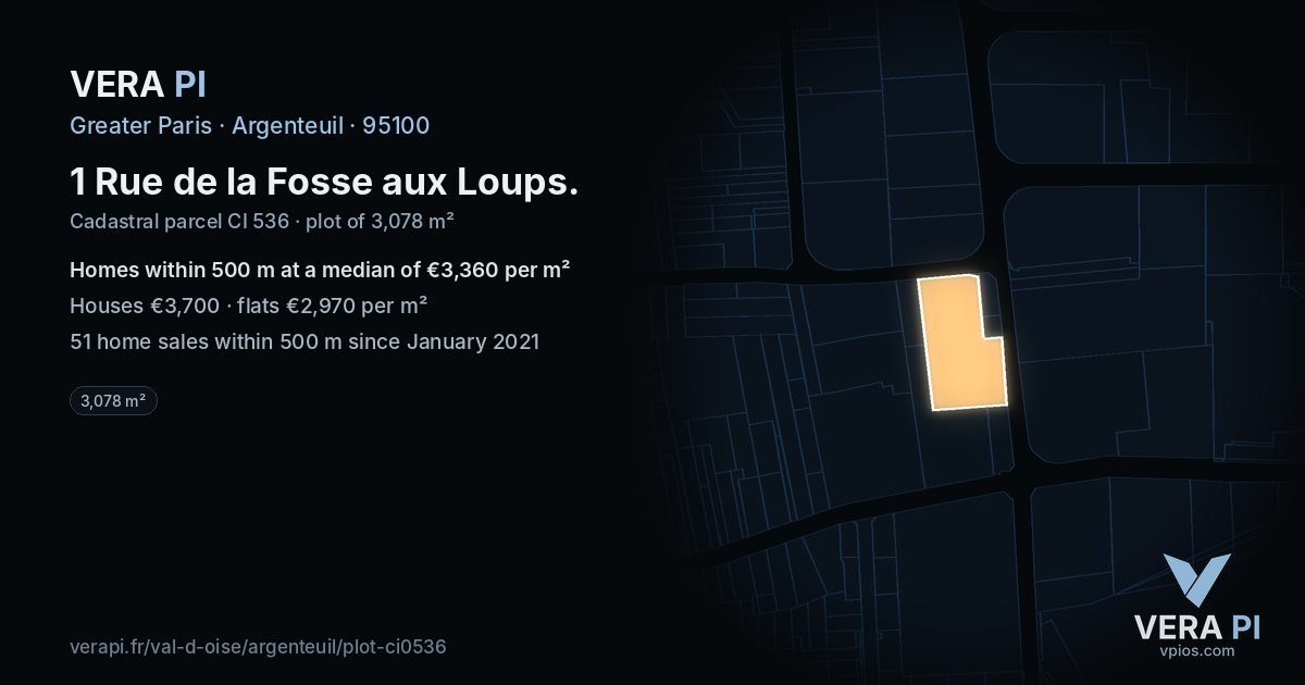 1 Rue de la Fosse aux Loups, Argenteuil at night – the plot lit, the parcels around coloured by the prices near them