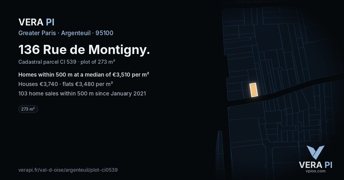 136 Rue de Montigny, Argenteuil at night – the plot lit, the parcels around coloured by the prices near them
