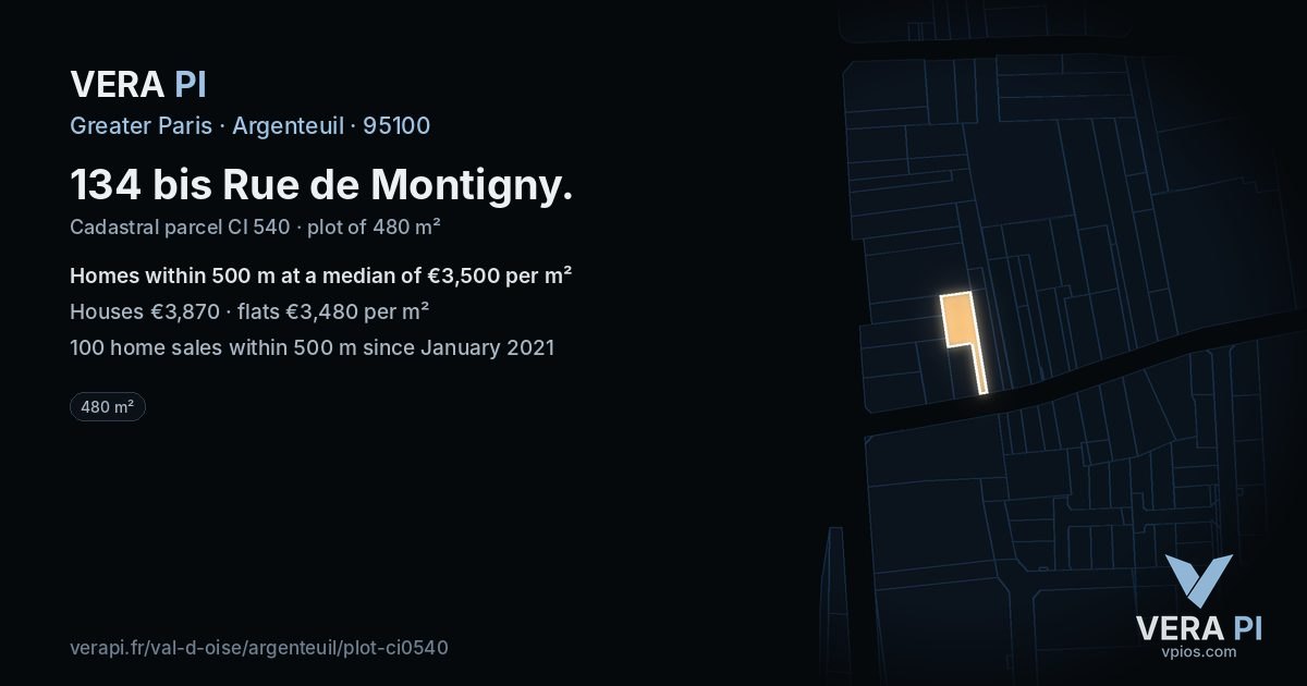 134 bis Rue de Montigny, Argenteuil at night – the plot lit, the parcels around coloured by the prices near them
