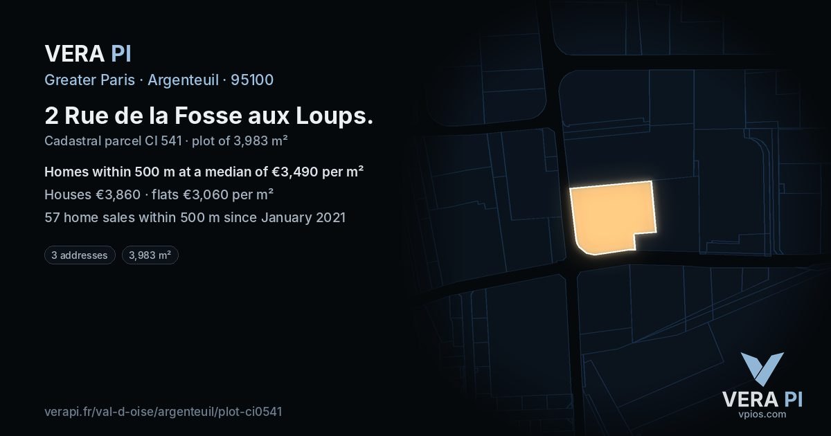 2 Rue de la Fosse aux Loups, Argenteuil at night – the plot lit, the parcels around coloured by the prices near them