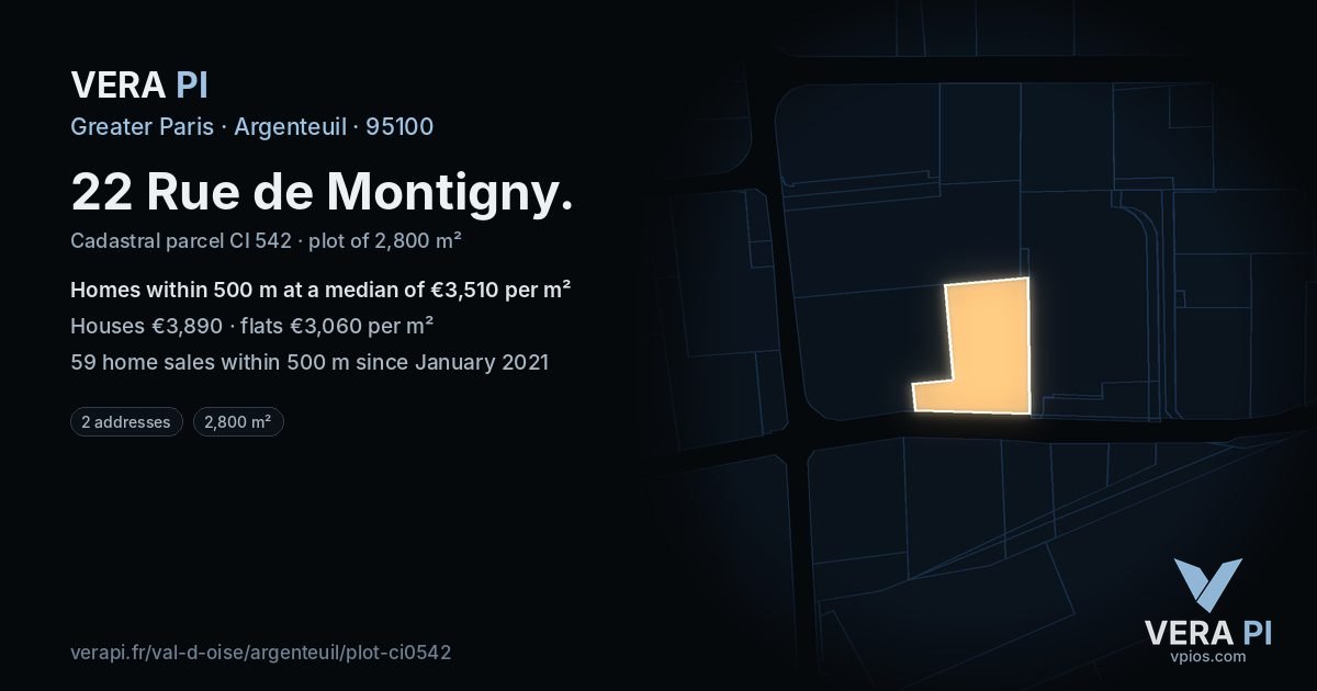 22 Rue de Montigny, Argenteuil at night – the plot lit, the parcels around coloured by the prices near them