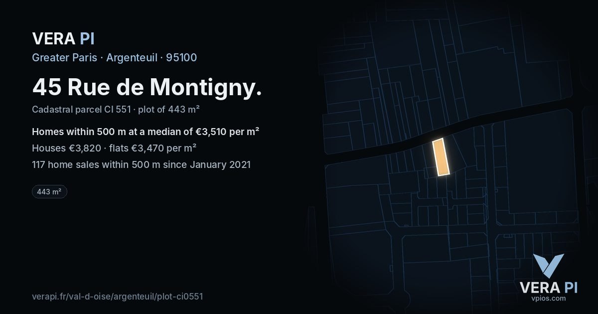45 Rue de Montigny, Argenteuil at night – the plot lit, the parcels around coloured by the prices near them