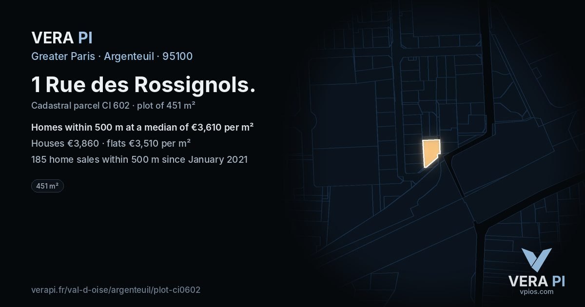 1 Rue des Rossignols, Argenteuil at night – the plot lit, the parcels around coloured by the prices near them
