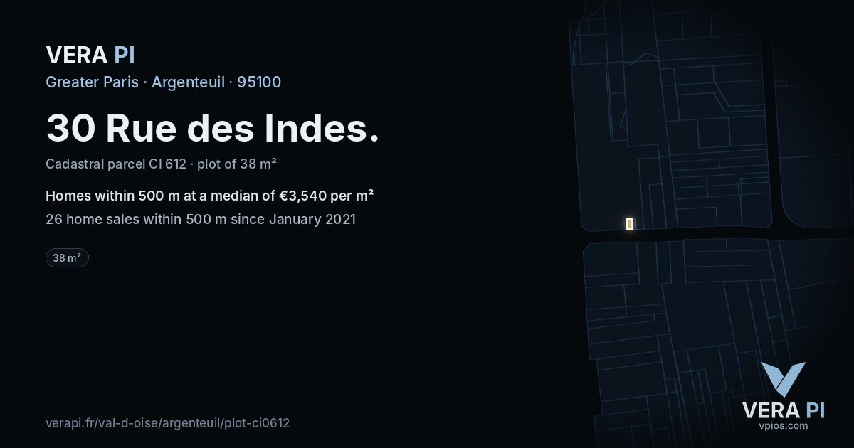 30 Rue des Indes, Argenteuil at night – the plot lit, the parcels around coloured by the prices near them