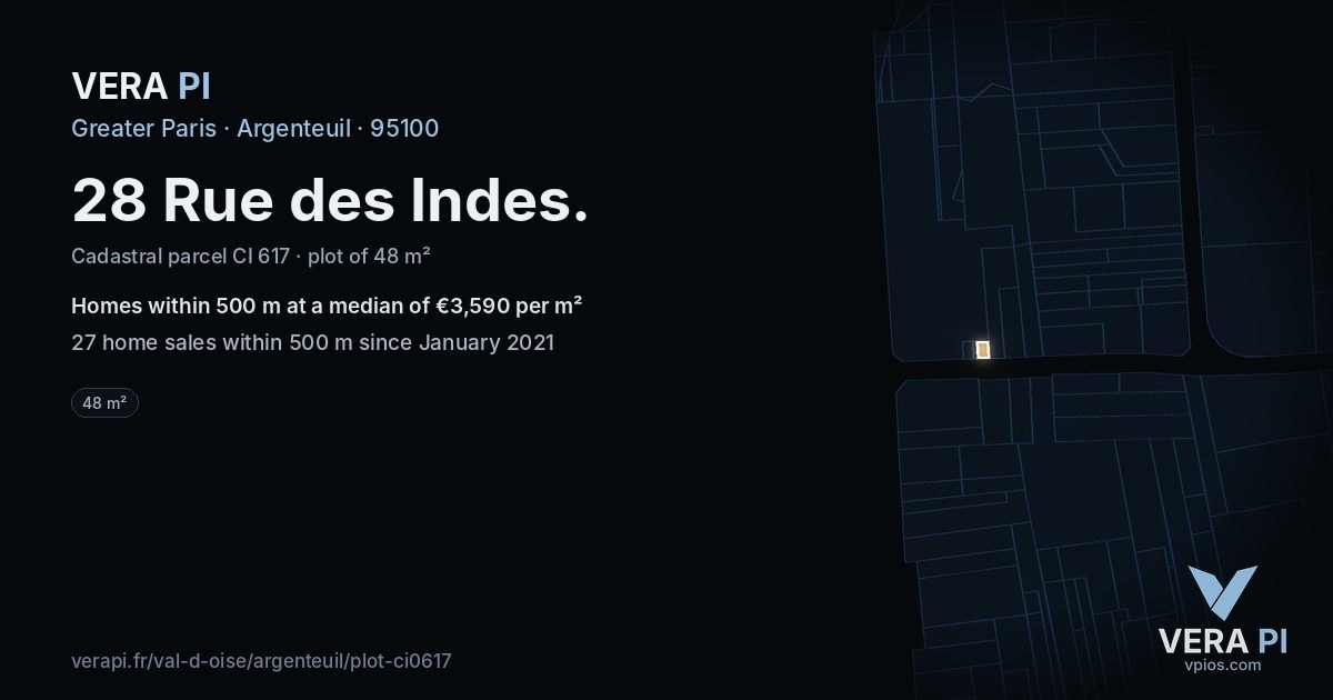 28 Rue des Indes, Argenteuil at night – the plot lit, the parcels around coloured by the prices near them