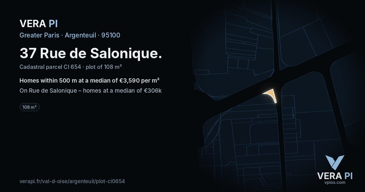 37 Rue de Salonique, Argenteuil at night – the plot lit, the parcels around coloured by the prices near them
