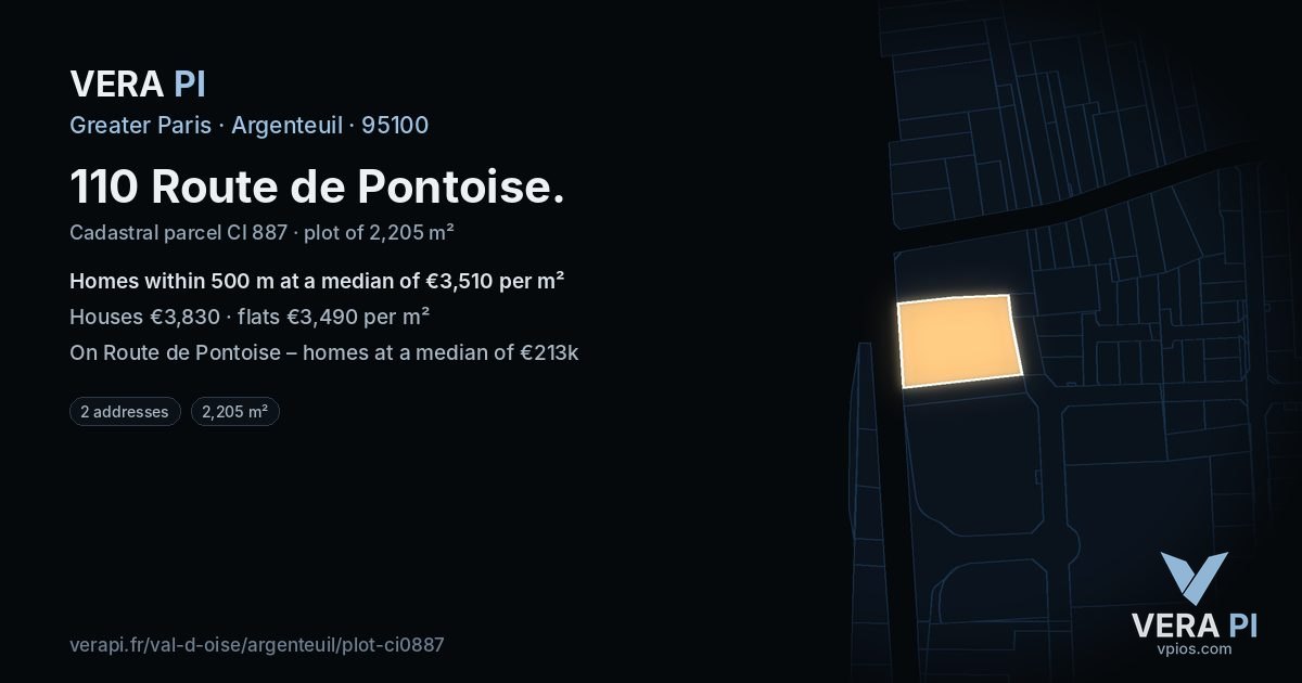 110 Route de Pontoise, Argenteuil at night – the plot lit, the parcels around coloured by the prices near them