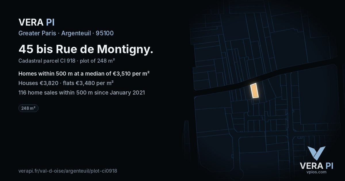 45 bis Rue de Montigny, Argenteuil at night – the plot lit, the parcels around coloured by the prices near them