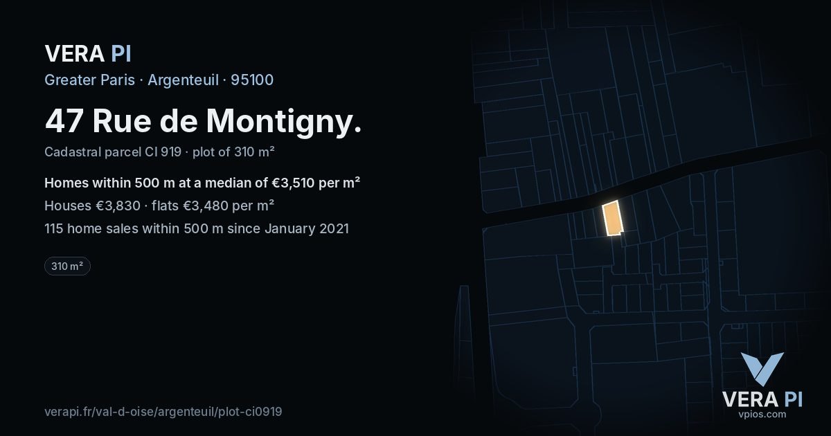 47 Rue de Montigny, Argenteuil at night – the plot lit, the parcels around coloured by the prices near them