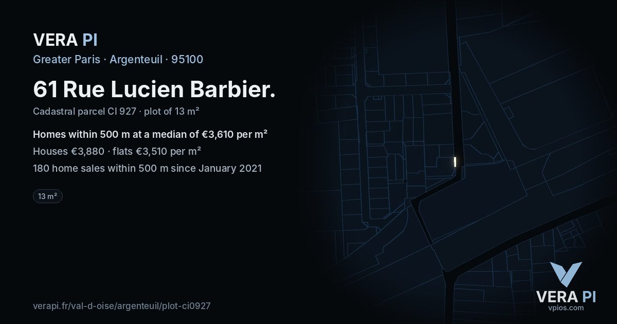 61 Rue Lucien Barbier, Argenteuil at night – the plot lit, the parcels around coloured by the prices near them
