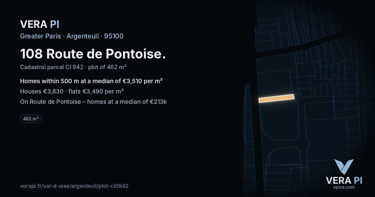 108 Route de Pontoise, Argenteuil at night – the plot lit, the parcels around coloured by the prices near them