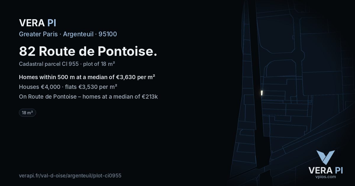 82 Route de Pontoise, Argenteuil at night – the plot lit, the parcels around coloured by the prices near them