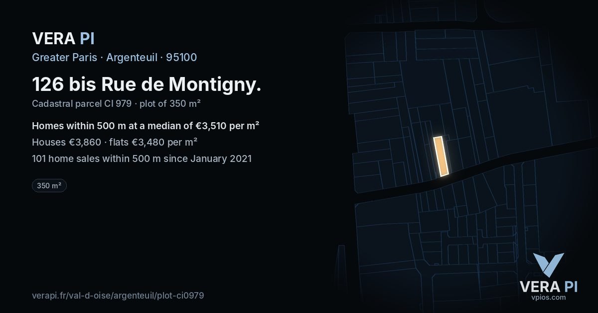126 bis Rue de Montigny, Argenteuil at night – the plot lit, the parcels around coloured by the prices near them