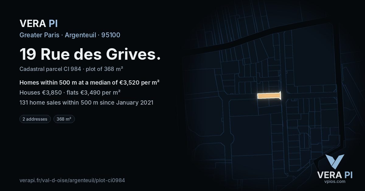 19 Rue des Grives, Argenteuil at night – the plot lit, the parcels around coloured by the prices near them
