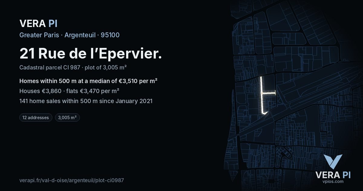 21 Rue de l’Epervier, Argenteuil at night – the plot lit, the parcels around coloured by the prices near them
