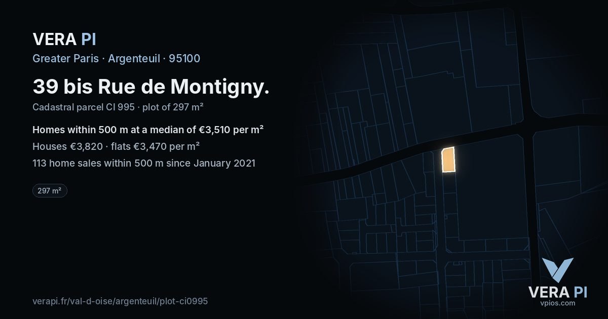 39 bis Rue de Montigny, Argenteuil at night – the plot lit, the parcels around coloured by the prices near them
