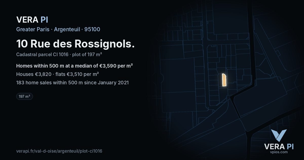 10 Rue des Rossignols, Argenteuil at night – the plot lit, the parcels around coloured by the prices near them