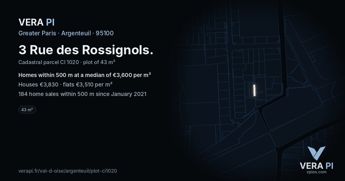 3 Rue des Rossignols, Argenteuil at night – the plot lit, the parcels around coloured by the prices near them