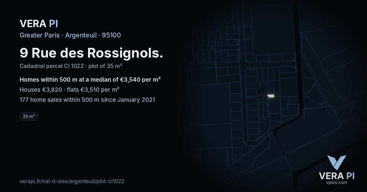 9 Rue des Rossignols, Argenteuil at night – the plot lit, the parcels around coloured by the prices near them
