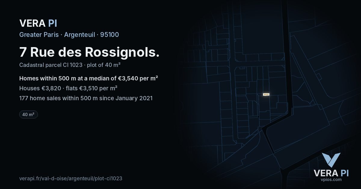 7 Rue des Rossignols, Argenteuil at night – the plot lit, the parcels around coloured by the prices near them