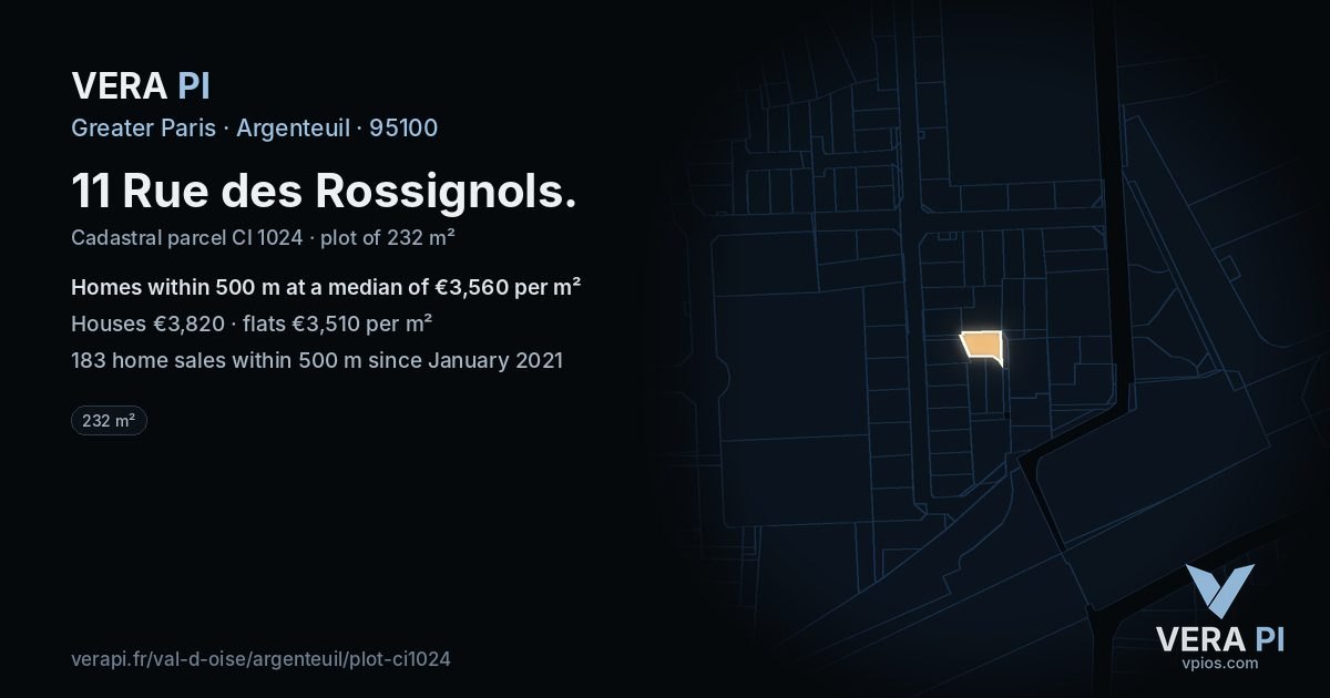 11 Rue des Rossignols, Argenteuil at night – the plot lit, the parcels around coloured by the prices near them