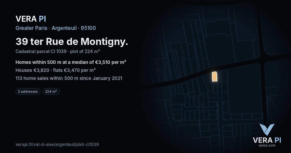 39 ter Rue de Montigny, Argenteuil at night – the plot lit, the parcels around coloured by the prices near them