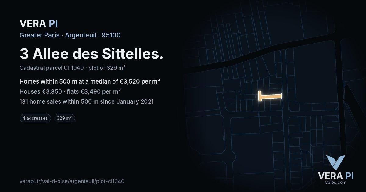 3 Allee des Sittelles, Argenteuil at night – the plot lit, the parcels around coloured by the prices near them