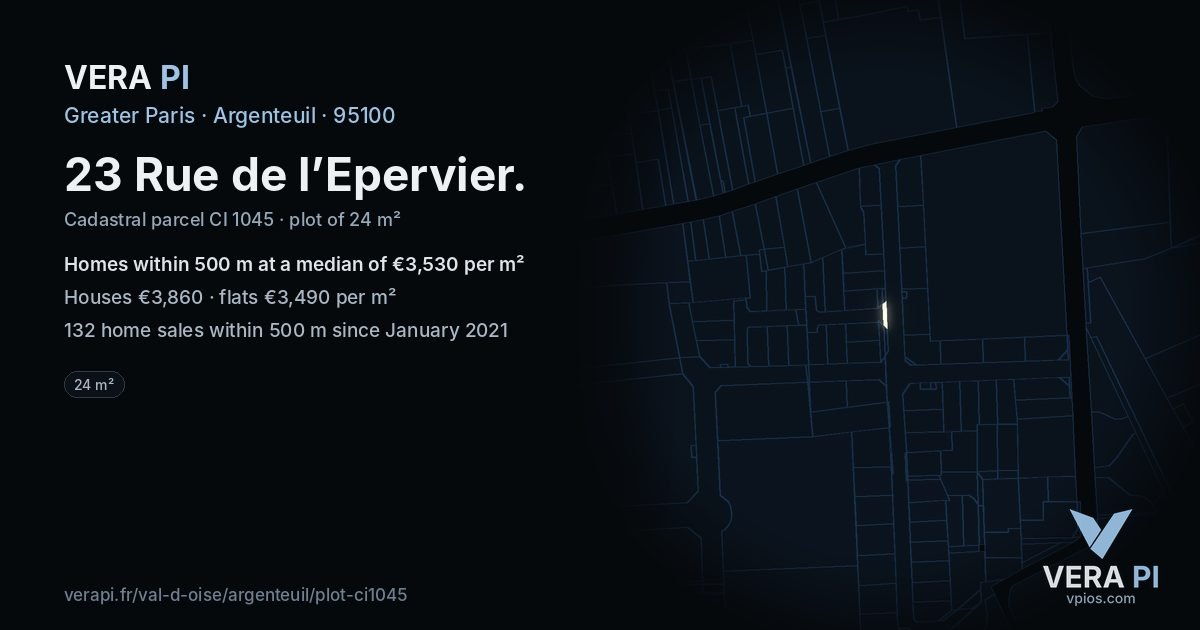 23 Rue de l’Epervier, Argenteuil at night – the plot lit, the parcels around coloured by the prices near them