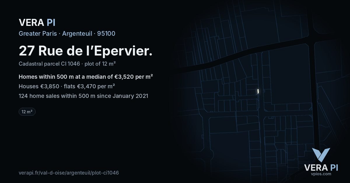 27 Rue de l’Epervier, Argenteuil at night – the plot lit, the parcels around coloured by the prices near them
