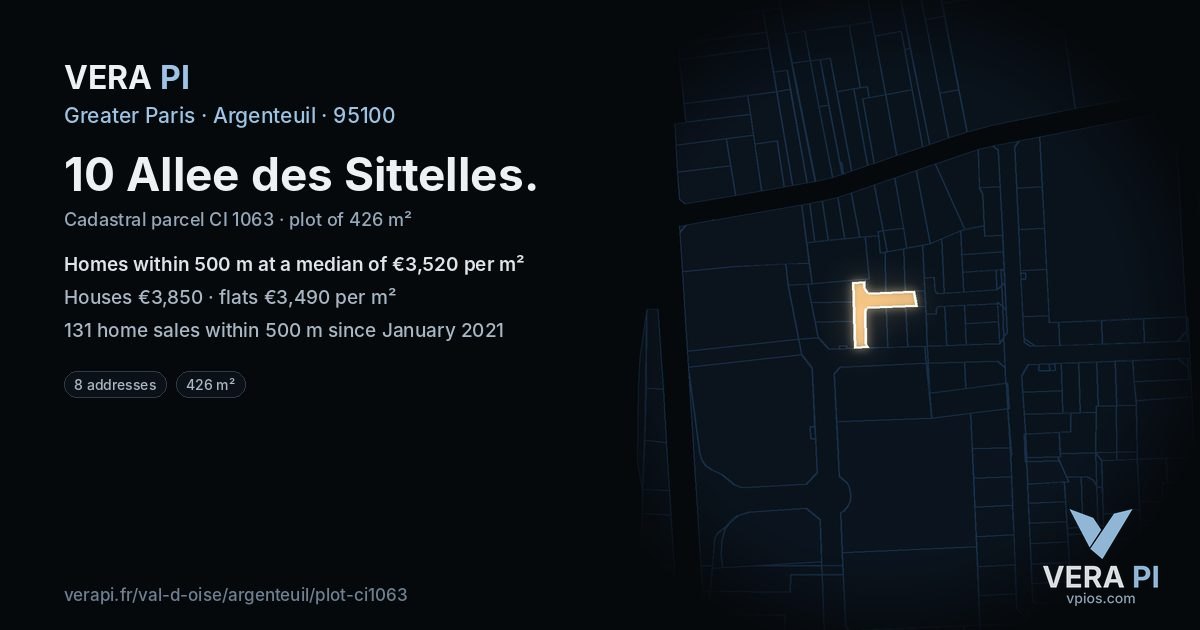 10 Allee des Sittelles, Argenteuil at night – the plot lit, the parcels around coloured by the prices near them