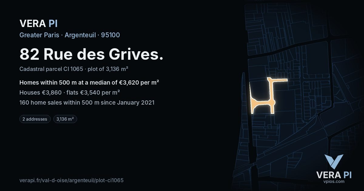 82 Rue des Grives, Argenteuil at night – the plot lit, the parcels around coloured by the prices near them